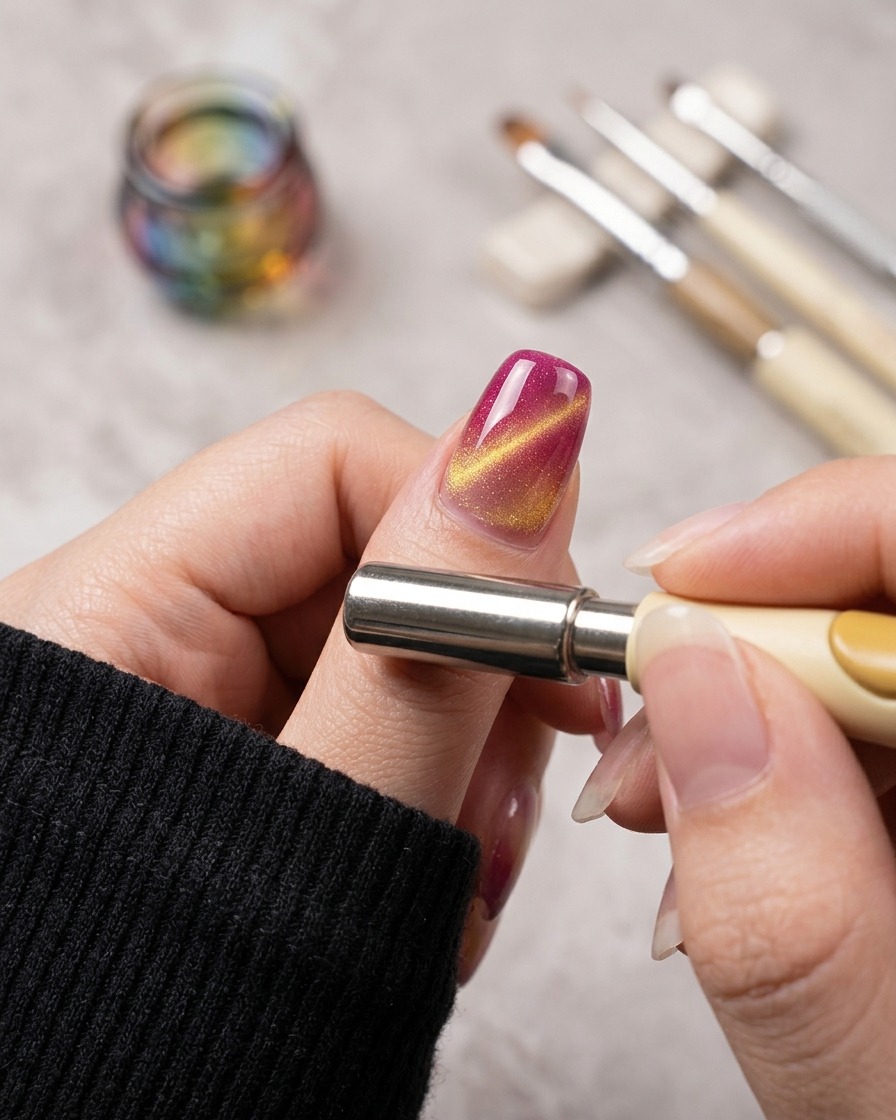 Eine Hand hält einen Magnetstab horizontal neben einem glänzenden Fingernagel, um einen hellen goldenen Cat-Eye-Streifen über einer rosa Basis zu formen.