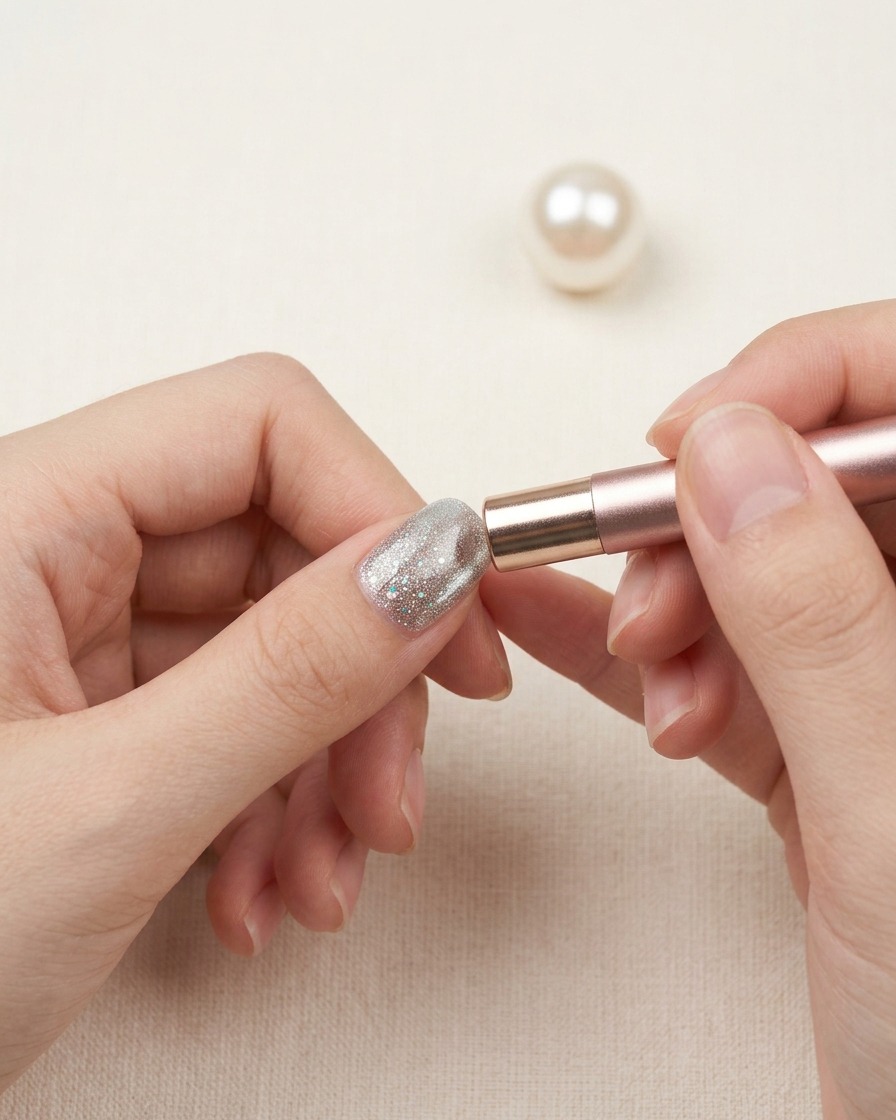 Eine Hand hält einen zylindrischen Magnetstift nahe an einen glitzernden magnetischen Gelnagel.