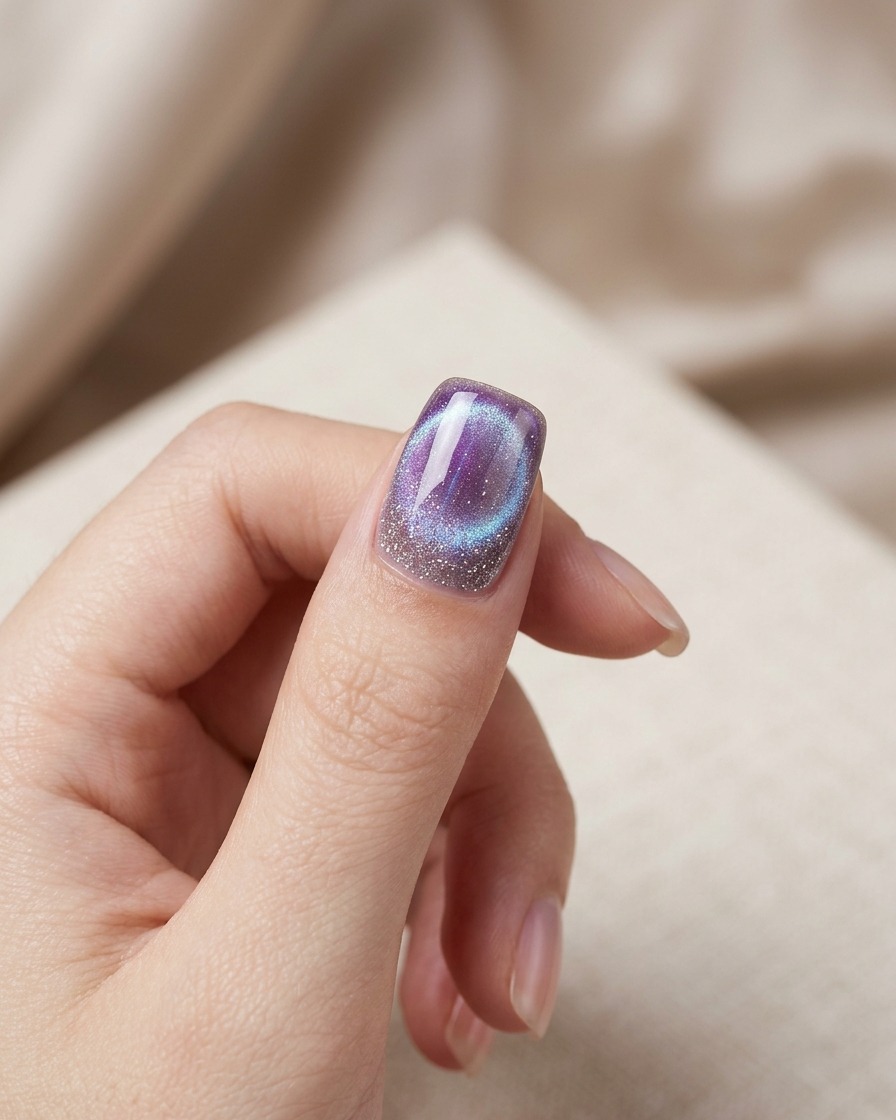 Eine Hand unter einer kompakten UV/LED-Nagelampe härtet ein violettes Cat-Eye-Nageldesign aus.