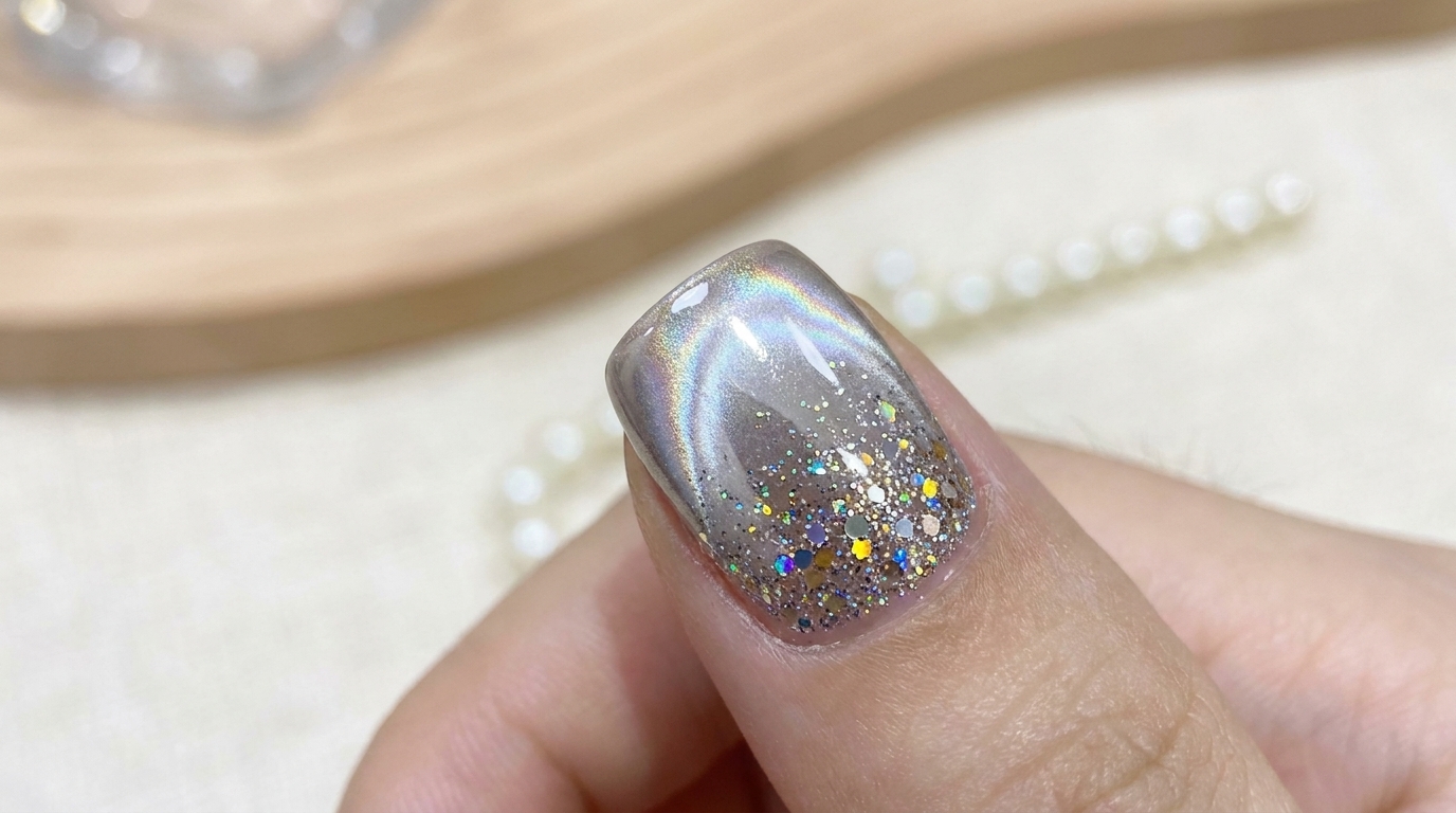 Silberne Chrom Aurora und Glitzer Nagelkunst — Schritt-für-Schritt-Anleitung