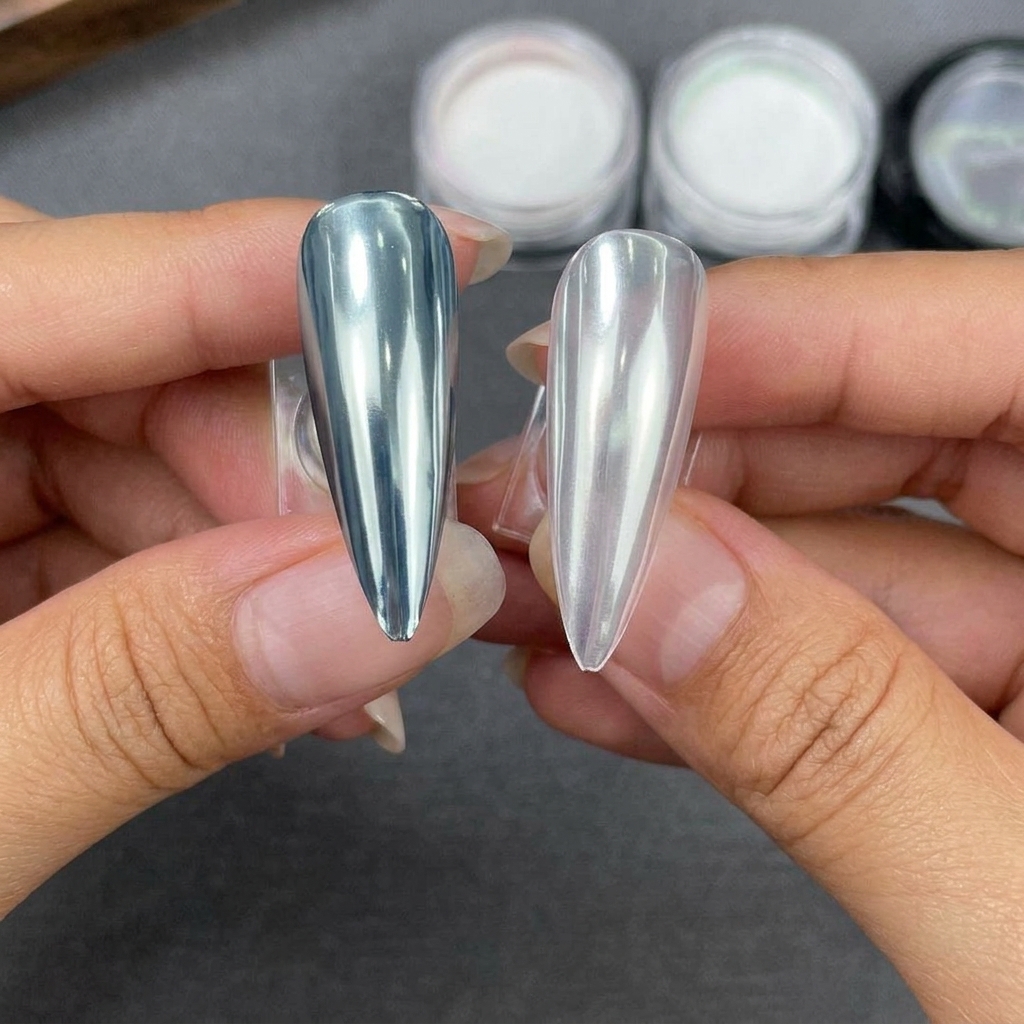 Zwei Stiletto-Nagelspitzen nebeneinander gehalten, eine mit schwarzer Base und eine klar, beide mit hochreflektierendem, silbernem Kristall-Plattierungspulver veredelt.