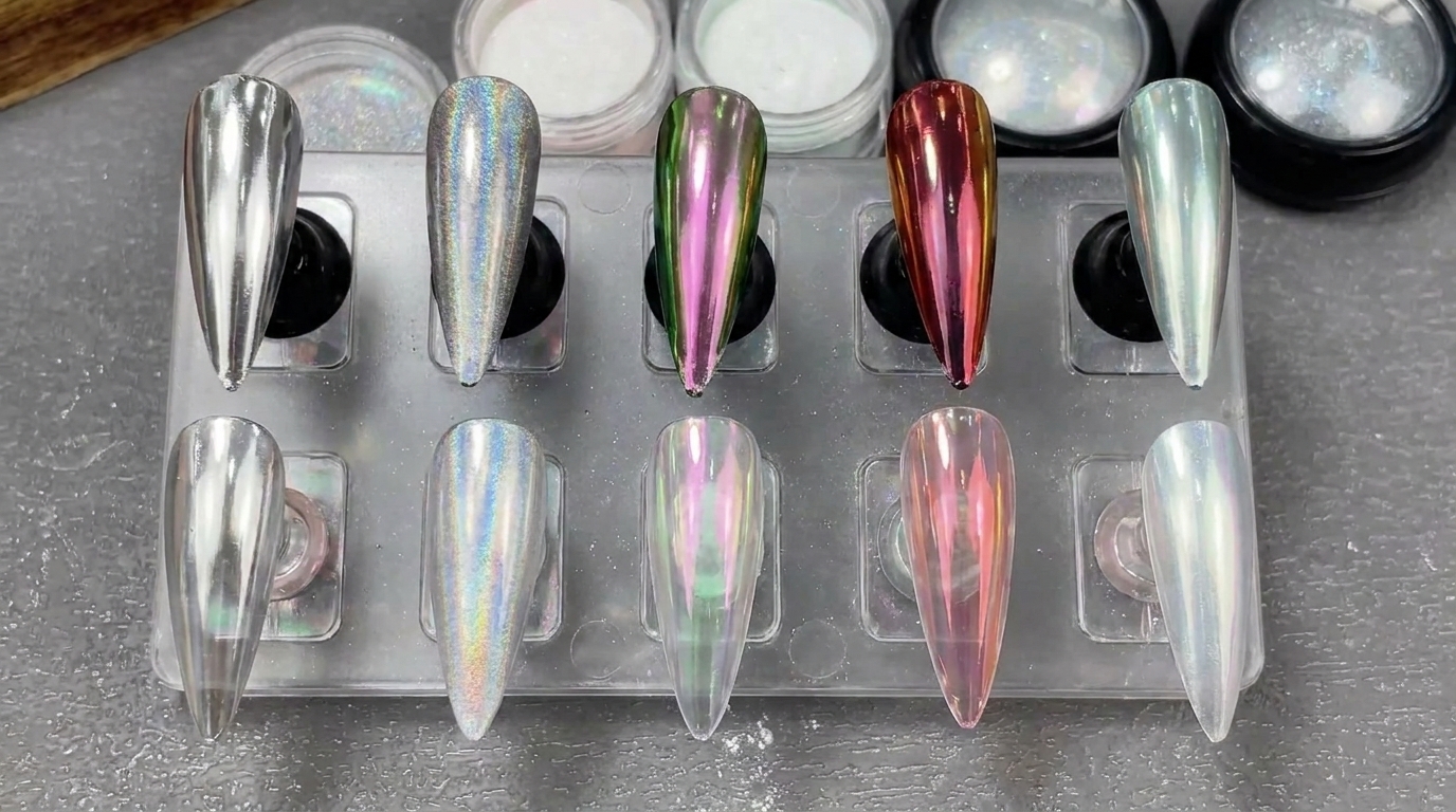 Vergleich von fünf Nagelpulver-Effekten — Chrom-, Aurora- & Laser-Anleitung