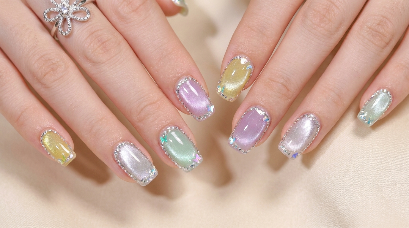 Buntes Sommer Cat-Eye- und Diamant-Rand-Nail-Art — Schritt-für-Schritt-Anleitung