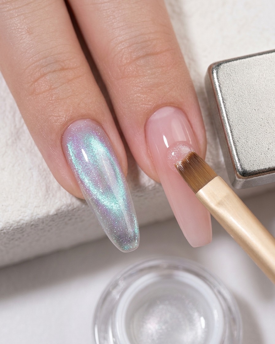 Ein Pinsel trägt eine Schicht klarem Cat-Eye-Gel über einem Nagel mit pinkem Blush-Farbverlauf auf.