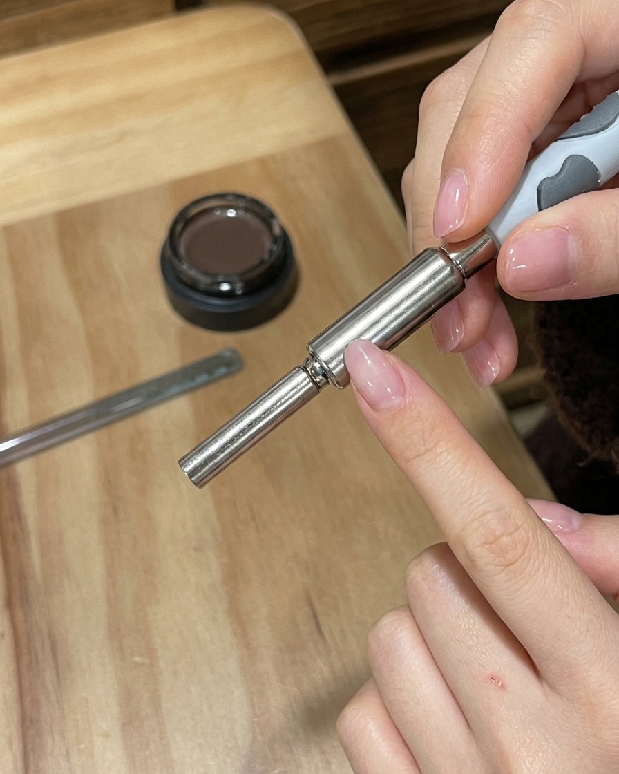 Eine Hand, die einen silbernen Zylindermagneten über einen lackierten Nagel hält, um das Cat-Eye-Design zu aktivieren.
