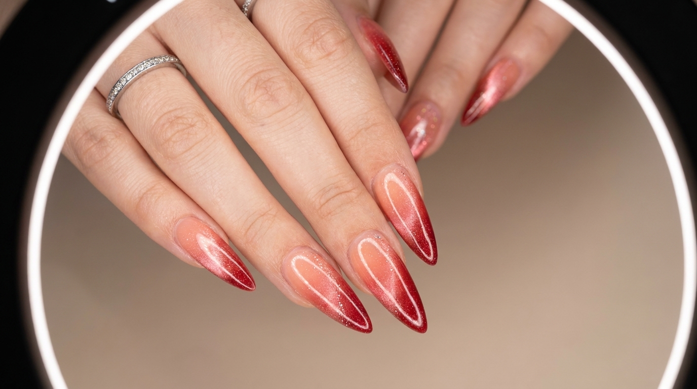 Nahaufnahme glänzender langer Stilettos mit Pfirsich-zu-Dunkelrot-Ombré und dezentem Cat-Eye Schimmer.