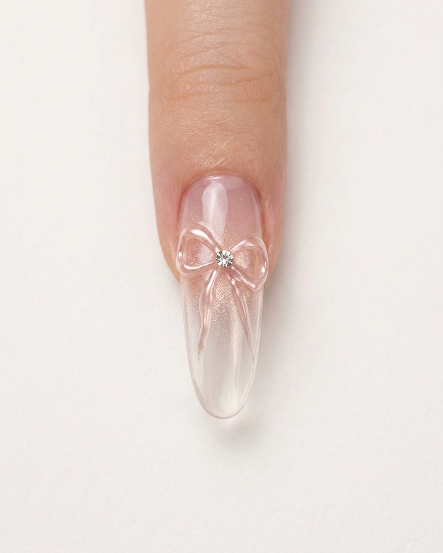Eine Nahaufnahme zeigt einen Pinsel, der schimmerndes Silber-Cat-Eye-Gel auf einen verlängerten Nagel aufträgt.