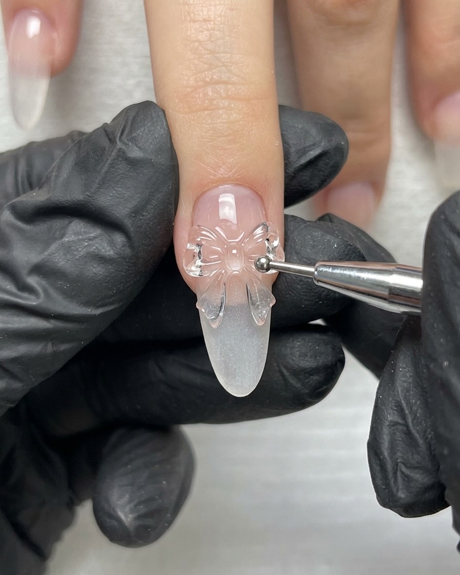 Eine be Handschuhe tragende Hand hält ein feines Detailwerkzeug und bearbeitet die 3D-Schleifenstruktur auf einem verlängerten Nagel.