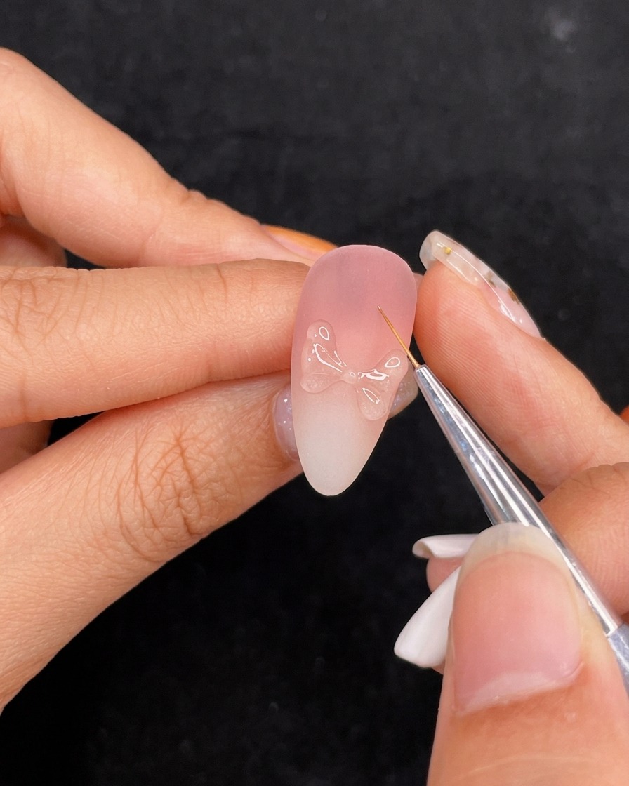 Ein feiner Pinsel trägt Top Coat über eine 3D-Nail-Art-Schleifenstruktur auf.