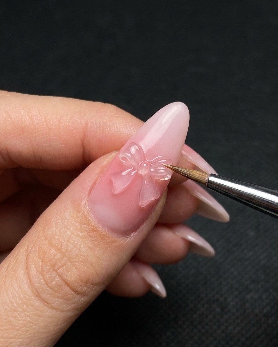 Ein feiner Liner-Pinsel umrandet die Kanten einer 3D-Gel-Schleife auf einem manikürten Nagel.
