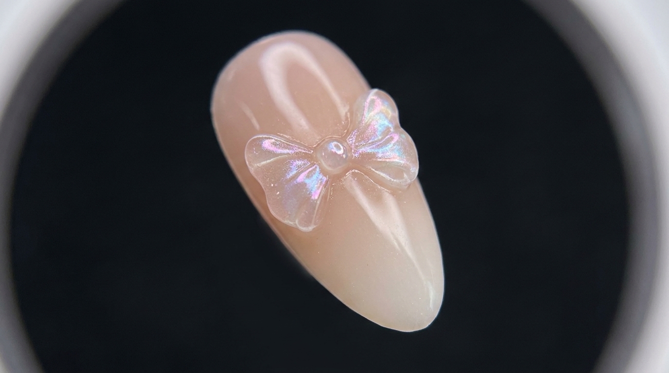 Ein fertiger mandelförmiger Nagel mit einer zarten, transluzenten 3D-Schleife und leuchtenden Chrom-Aura-Highlights auf einer Nude-zu-Weiß Ombre-Farbverlaufsbasis.