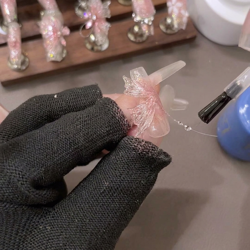 Nahaufnahme des Formens von PVC Soft Extension Gel zu einem unteren Schmetterlingsflügelmuster mit Carving-Pinsel und Pinzette.