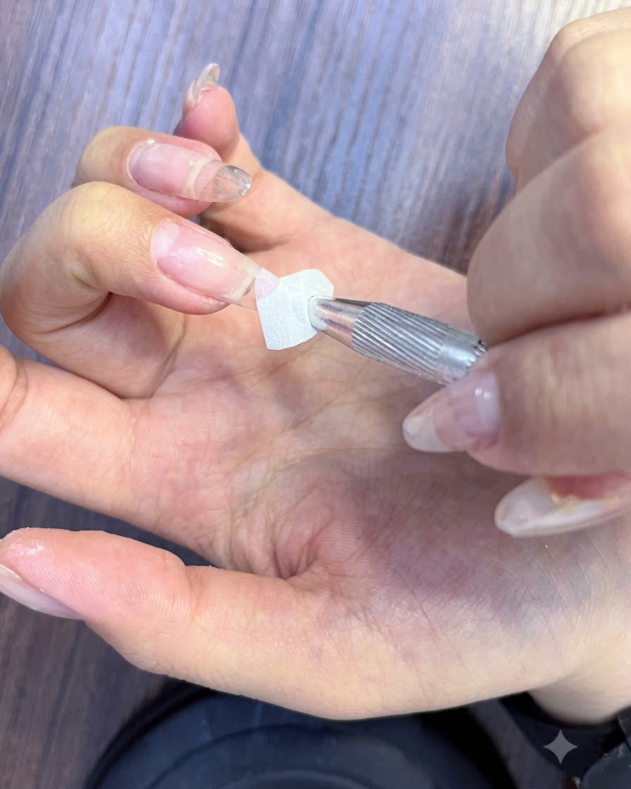 Ein Nagelhautschieber aus Metall schiebt sanft die Nagelhaut auf einem Naturnagel zurück.