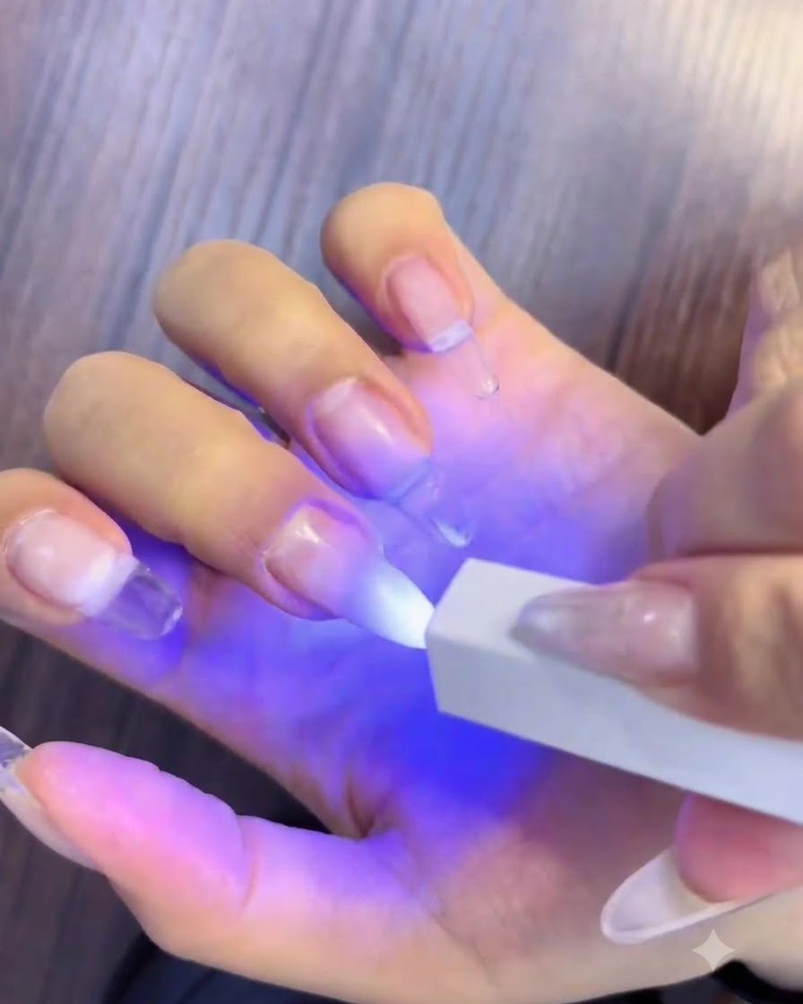 Eine Hand unter einer tragbaren UV-LED-Lampe, die die rosa-weißen Ombré-Nägel aushärtet.