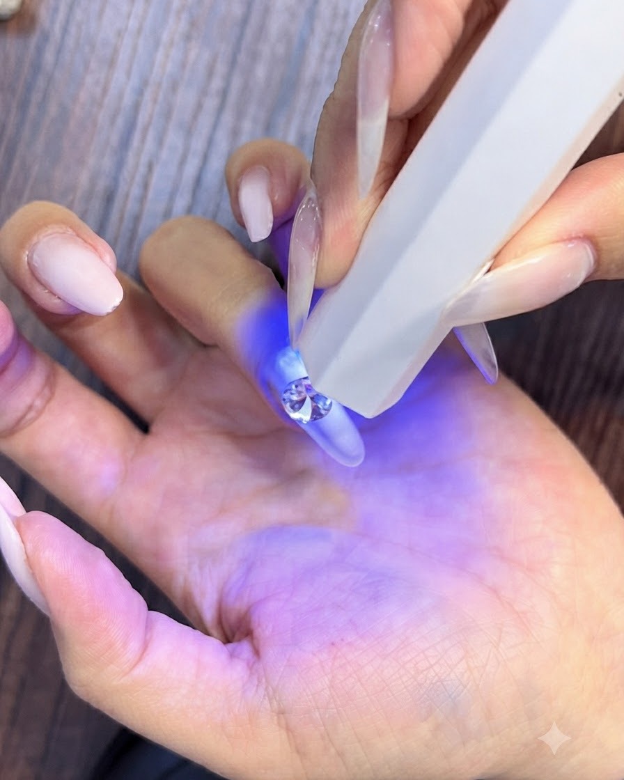 Eine tragbare weiße UV-Aushärtungslampe wird dicht über einen großen, funkelnden Diamanten gehalten, der auf einem Fingernagel mit rosafarbenem Farbverlauf platziert ist.
