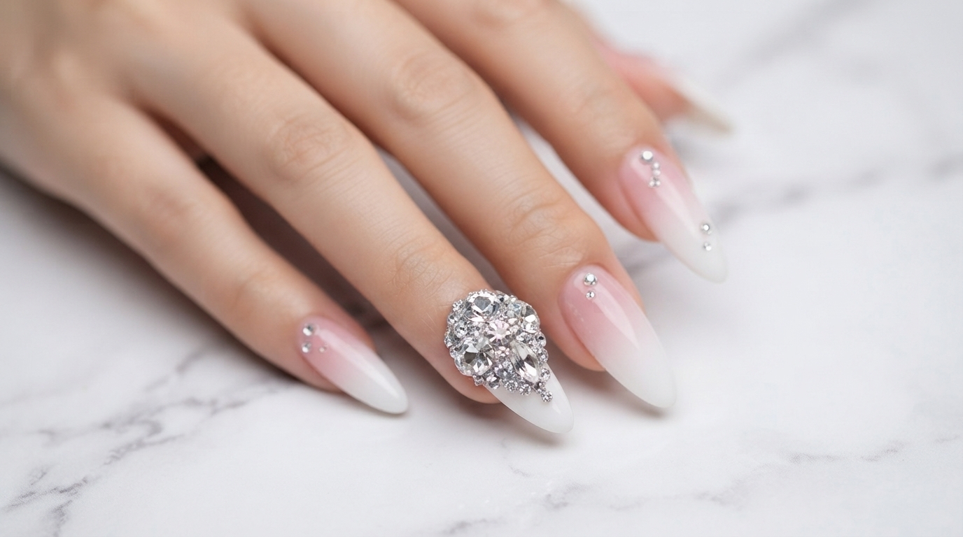 Luxuriöse Rosa-Weiße Ombré Stiletto-Nägel mit funkelnden Strasssteinen