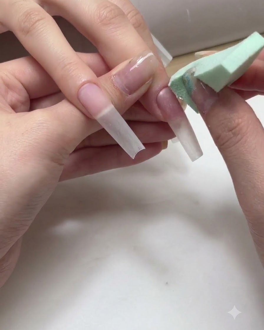 Eine Hand verwendet einen kleinen Make-up-Schwamm, um zwei Gel-Farben auf einer langen Nagelverlängerung aufzutupfen und zu verblenden, um einen Ombré-Effekt zu erzeugen.