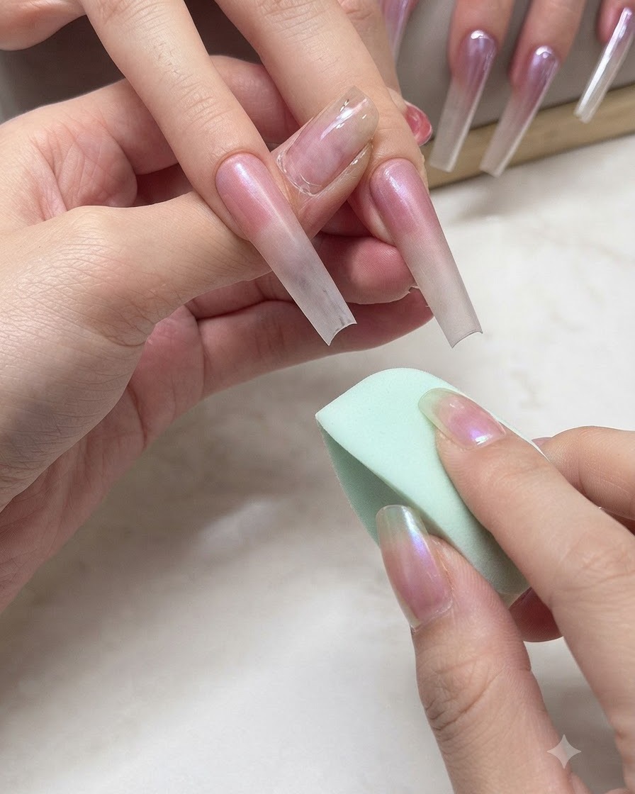 Eine Nahaufnahme eines Applikatorschwamms, der feines rosa schimmermdes Puder auf eine lange, mit Ombré bemalte Nagelverlängerung reibt.