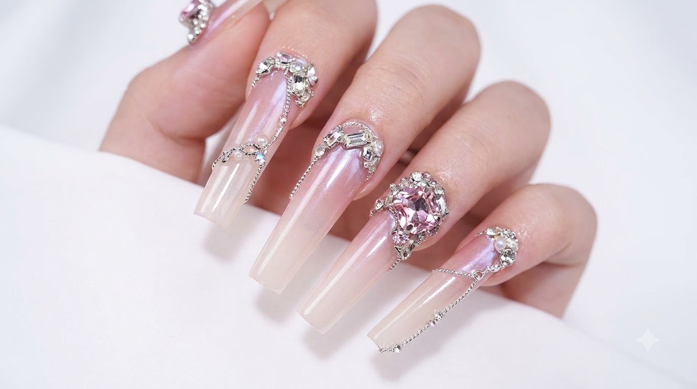 White Peach Moonlight Strass und Ketten Nageldesign Tutorial