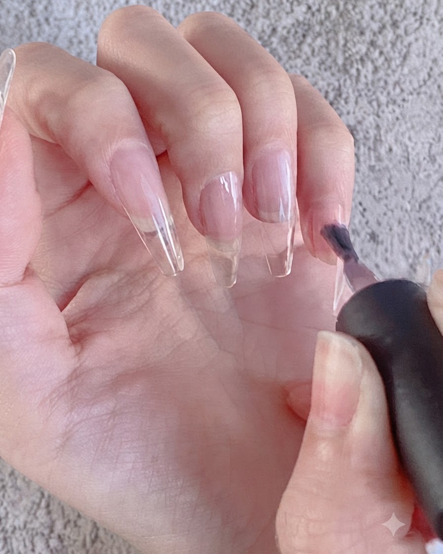 Ein Nagelpinsel trägt eine Schicht dunklen Gel-Lacks auf eine klare Nagelverlängerung auf.