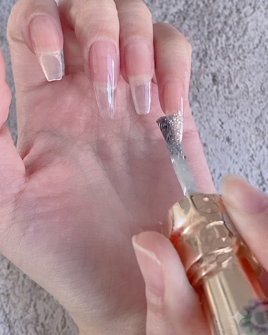 Ein Pinsel trägt eine Schicht milchiger Nude-Grundfarbe auf eine Nagelverlängerung auf.