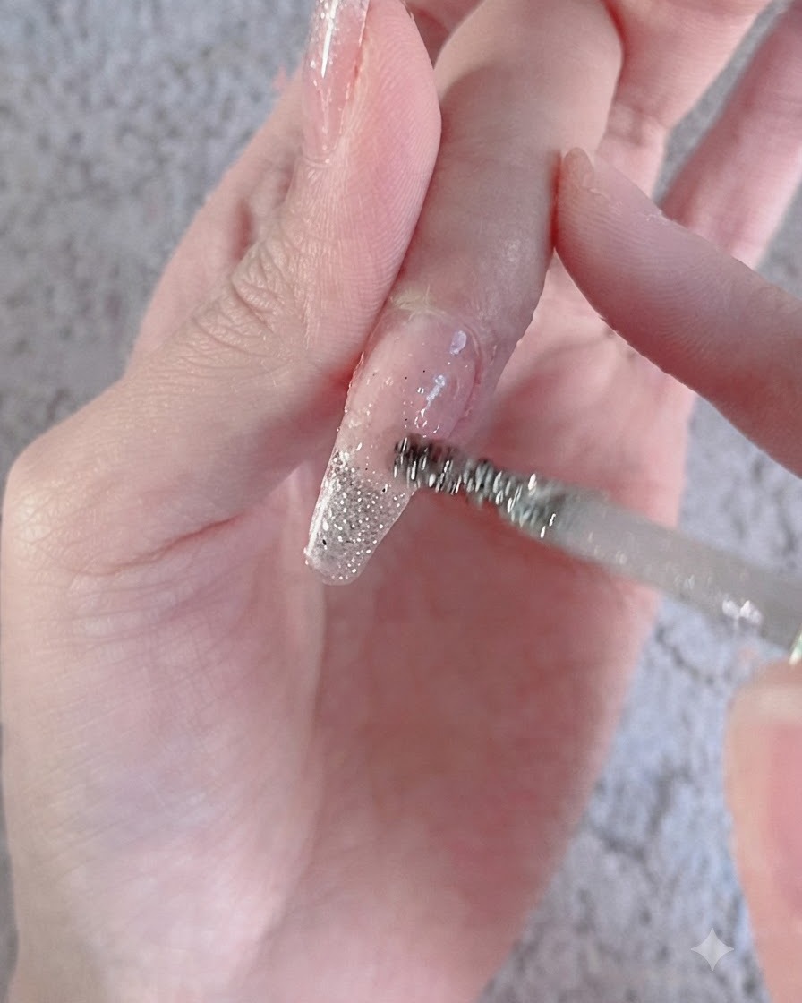 Ein sauberer Pinsel glättet einen Glitzer-Verlauf mit leichten vertikalen Strichen auf einem Nagel.