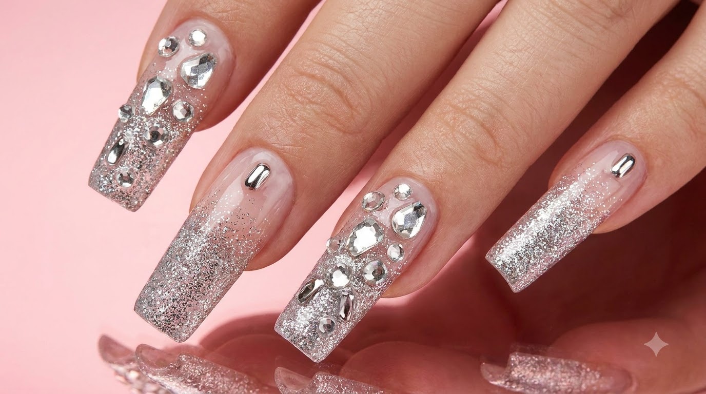 Silberner Glitzer-Verlauf und mit Diamanten veredelte Luxus-Nagelkunst im Tutorial