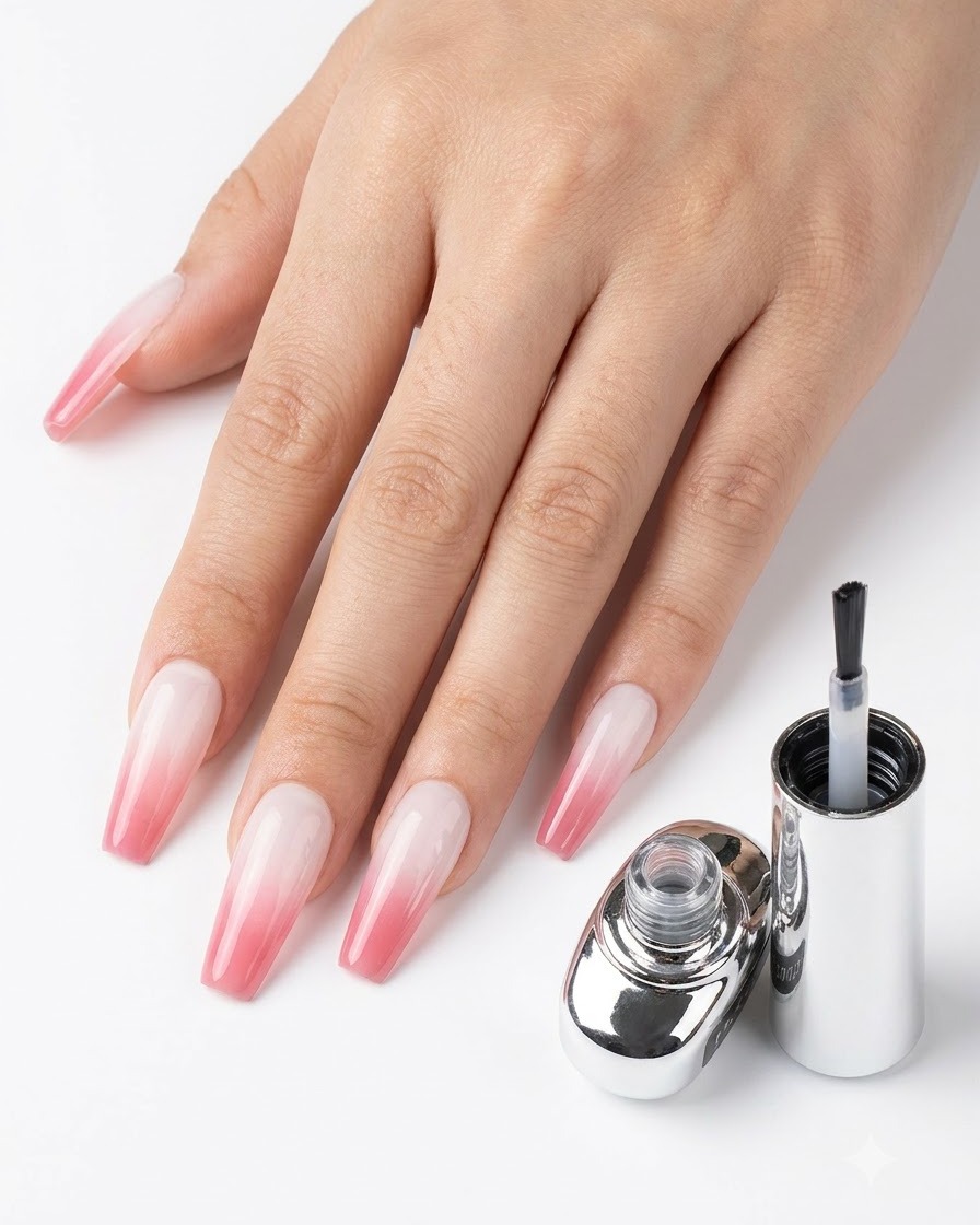 Eine Hand zeigt fertige Verlaufsnägel neben einer Topcoat-Flasche vor einem sauberen weißen Hintergrund.