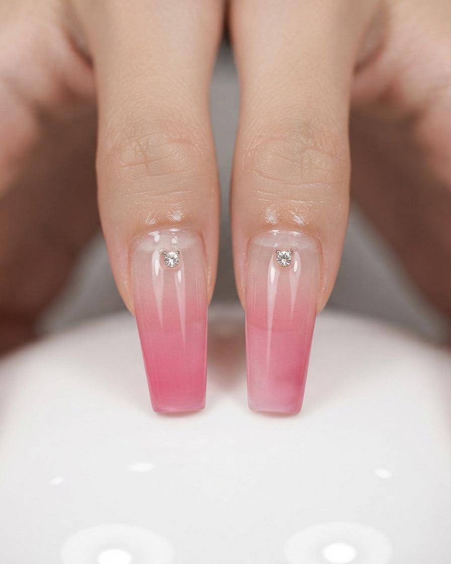 Eine elektrische Nagelfeile mit einem Fräseraufsatz fräst eine kleine Tasche in den unteren Bereich eines lackierten Nagels.