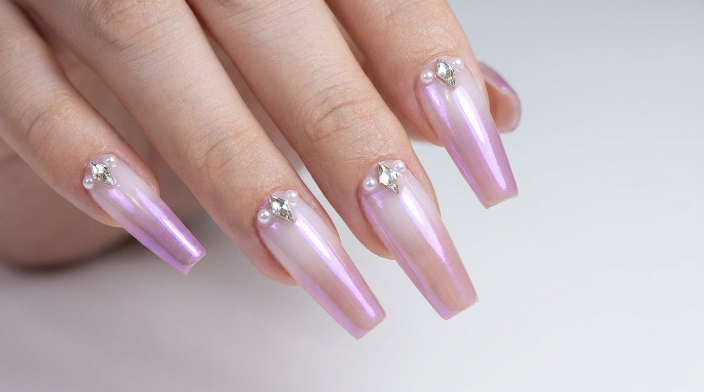 Zweifarbige Ombré-Nägel mit Aurora-Chrom und Strasssteinen – Anleitung