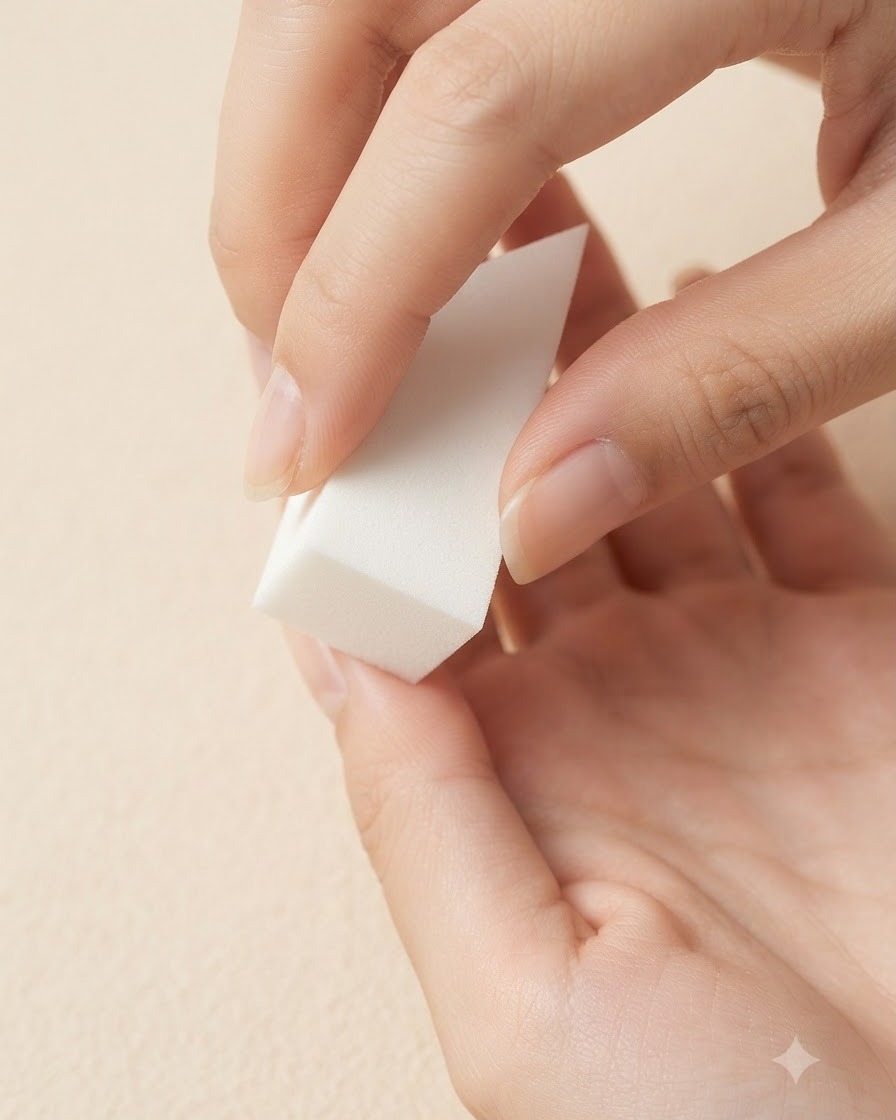 Eine Hand hält einen weißen Make-up-Schwamm und tupft sanft auf die Nageloberfläche.