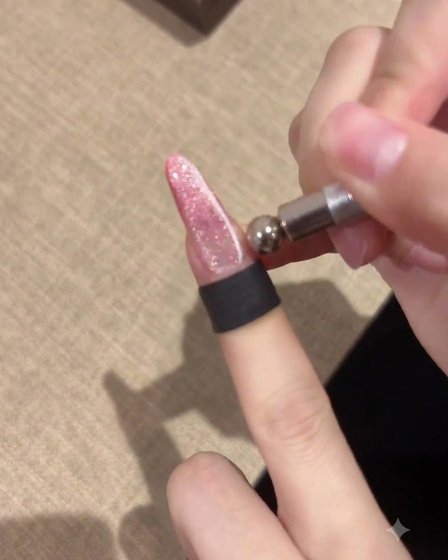 Eine Nahaufnahme einer Hand mit einem kleinen Magnetstab mit kugelförmiger Spitze formt Cat-Eye-Gel auf einem verlängerten rosa Nagel.