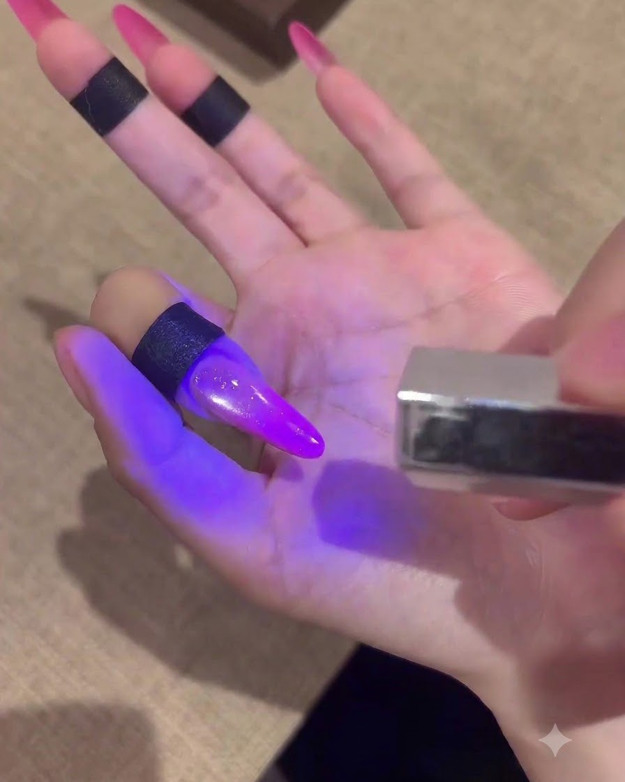 Ein Nagelpinsel trägt eine klare, glänzende Top-Coat-Schicht unter dem violetten Glanz einer UV-Lampe auf.