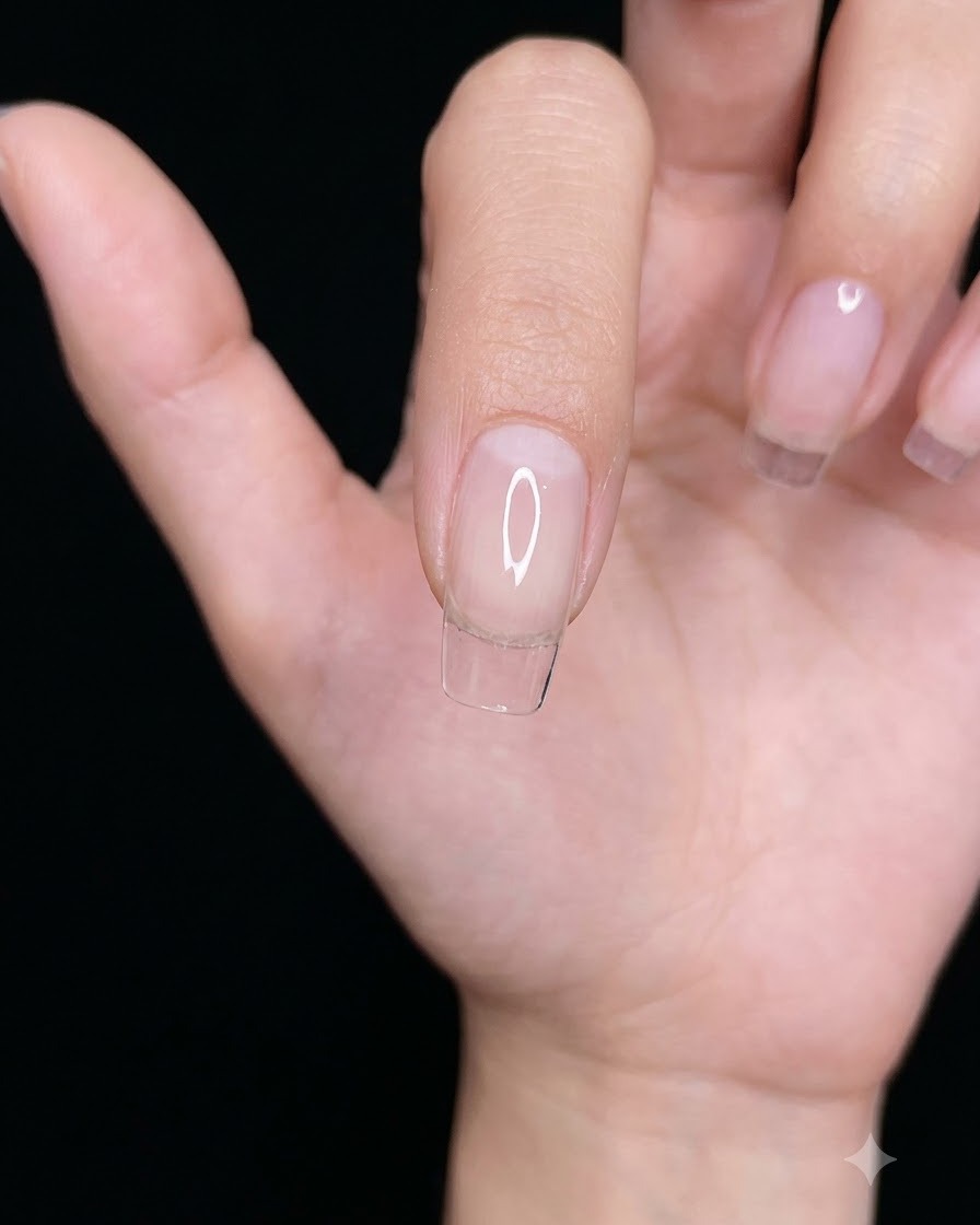 Eine Nahaufnahme einer Hand, die feinen Gold- und Silberglitterpuder auf eine klare Gel-Basisschicht auf einer Nagelspitze aufträgt.