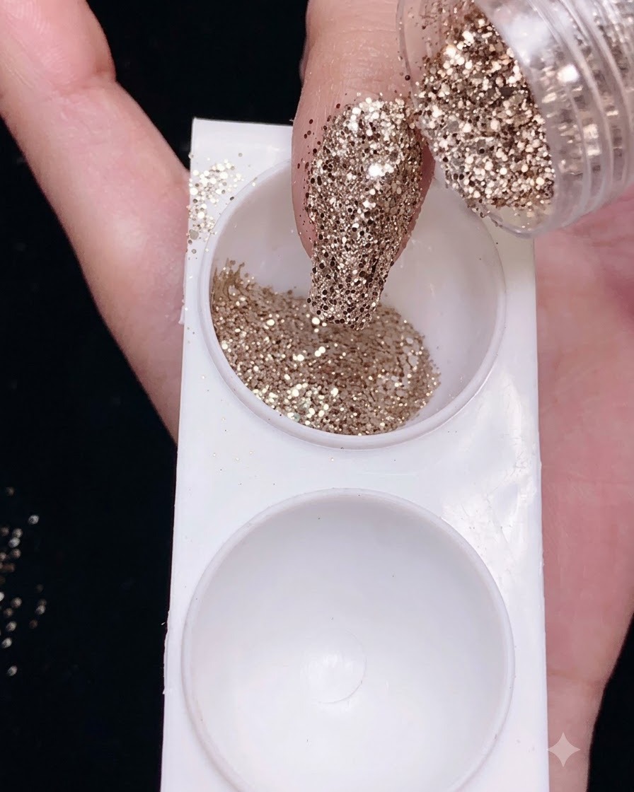 Eine Detailansicht einer Nagelspitze, die vollständig mit einer funkelnden Schicht aus feinem Silber- und Goldglitter bedeckt ist.