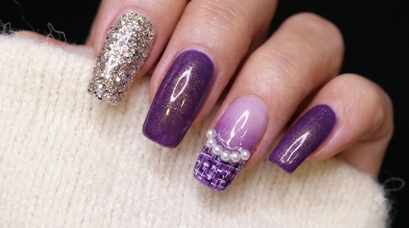 Lila Tweed- und Ombré-Gelnägel mit Perlen — Schritt-für-Schritt-Luxus-Tutorial