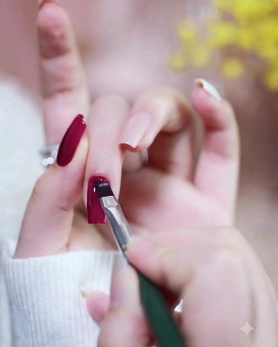 Ein Nagelpinsel verteilt leuchtend magenta-farbenes Gel gleichmäßig auf der Nageloberfläche.