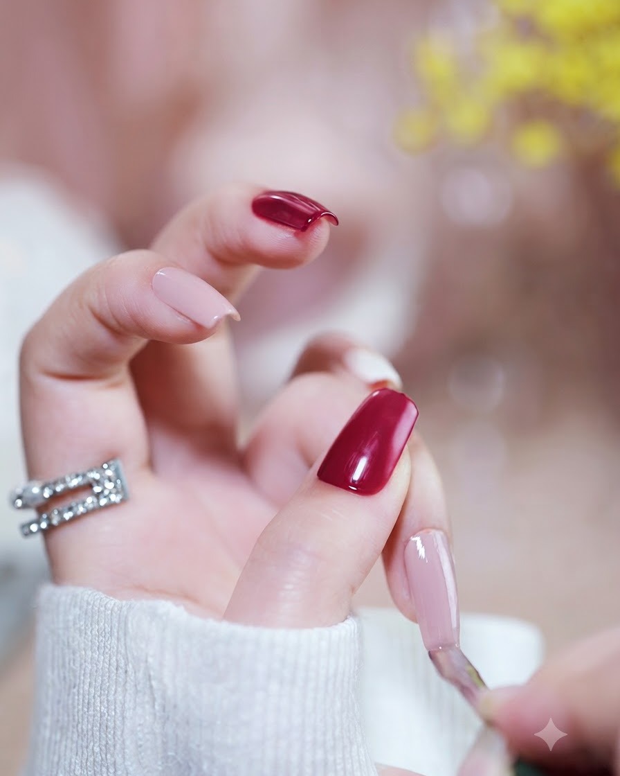 Eine Hand mit magenta lackierten Nägeln ruht unter einer leuchtenden UV- und LED-Lampe.