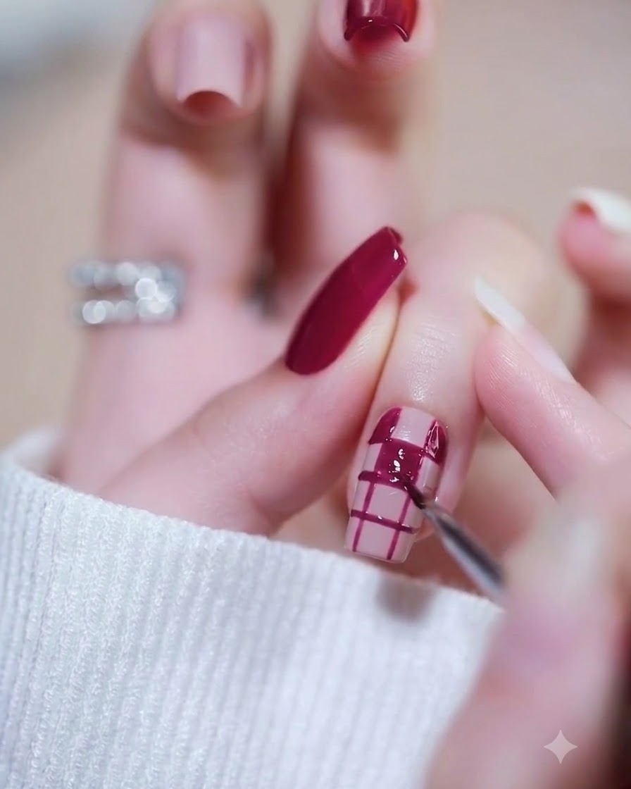 Eine Hand wird unter eine Nagellampe platziert, um die zweite Schicht Magenta-Gellack auszuhärten.