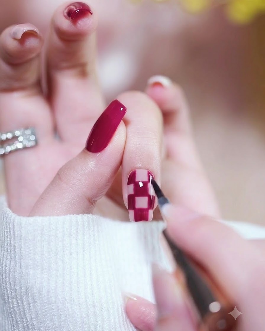 Ein Pinsel trägt einen klaren, glänzenden Überlack über ein fertiges Magenta- und Karomuster-Nageldesign auf.