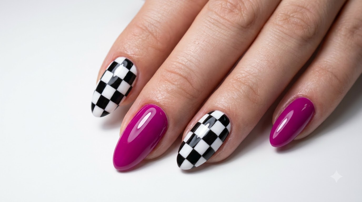 Magenta-leuchtende Karomuster-Gel-Nägel — Schritt-für-Schritt-Anleitung