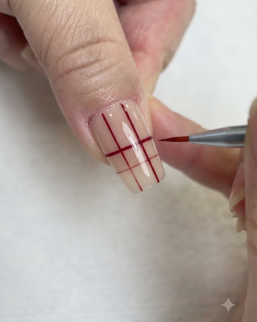 Ein feiner Liner-Pinsel zieht horizontale rote Linien, die sich mit den vertikalen Linien zu einem Raster auf einem klaren Nagel kreuzen.