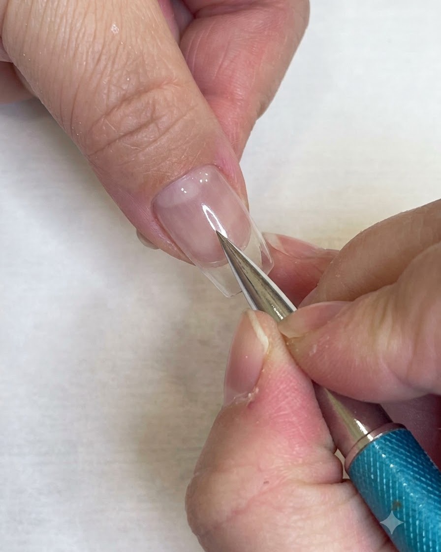 Ein feiner Liner-Pinsel beendet das Ausfüllen der abwechselnden Quadrate für ein vollständiges rotes Karomuster auf einem klaren Nagel.