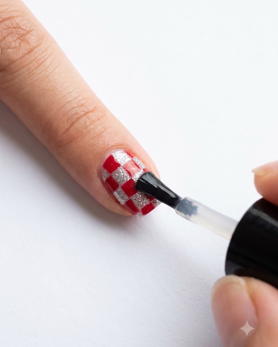 Ein Nagellackpinsel zieht einen transparenten, glänzenden Top Coat über ein fertiges rot-silbernes Karo-Nageldesign.