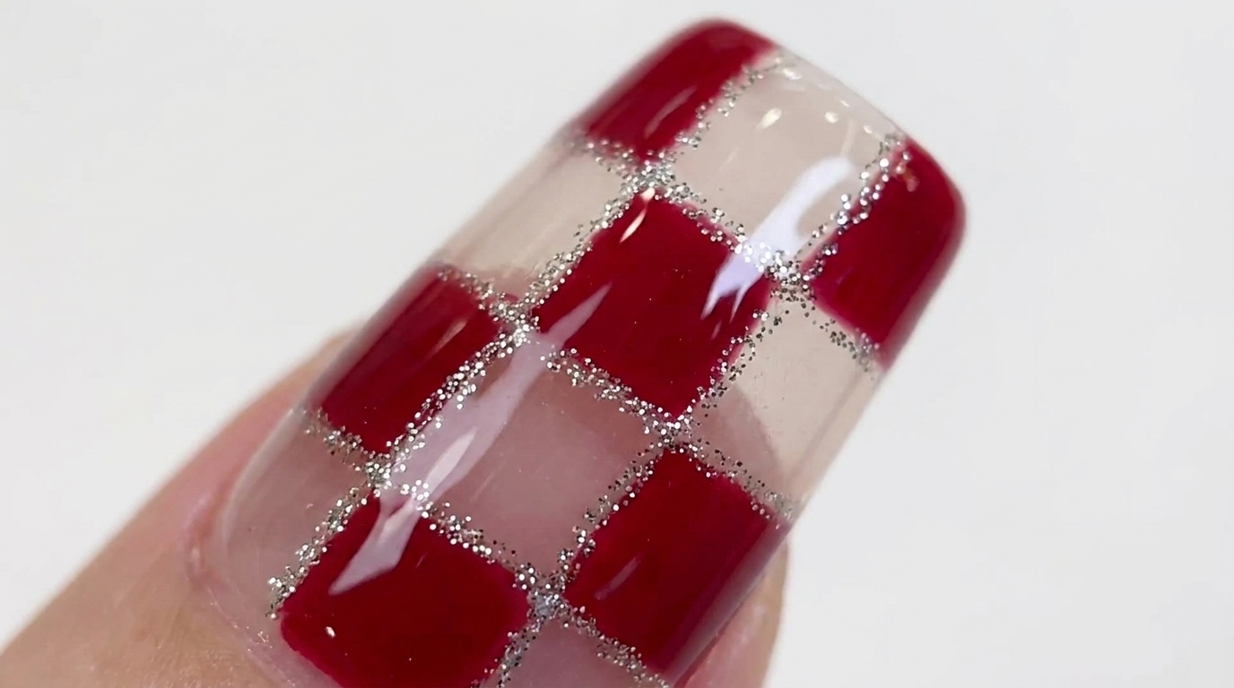Rot-Transparentes Karo-Grid-Nageldesign mit Silberglitter — Schritt-für-Schritt-Anleitung