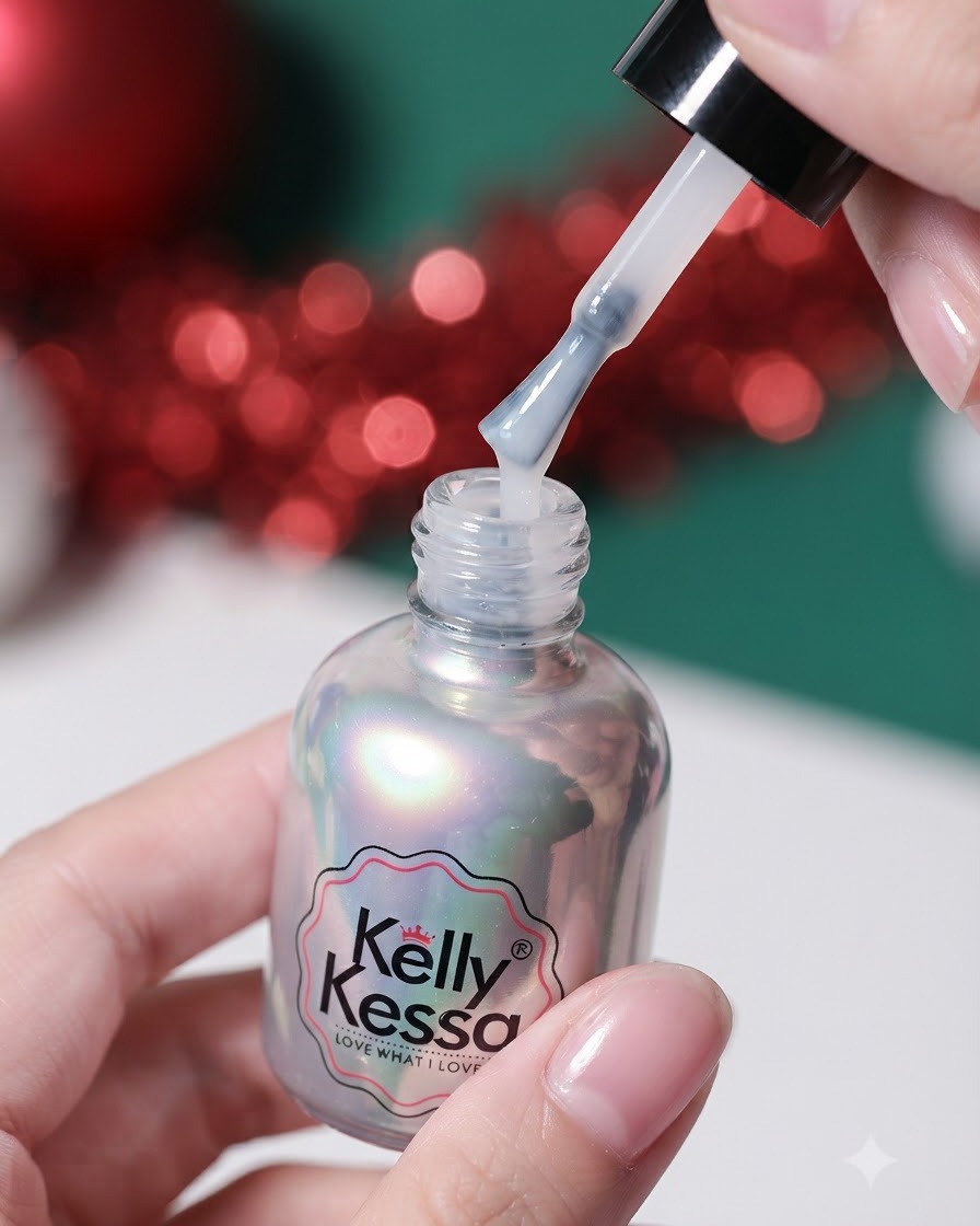Eine Hand hält ein Fläschchen Kelly Kessa Gellack mit angehobenem Pinsel, an dem Gel abtropft.