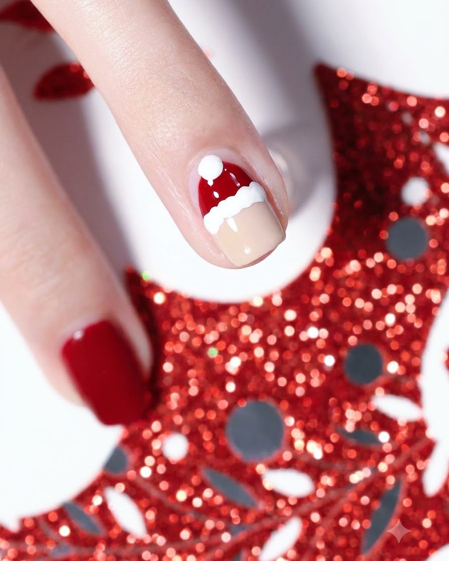 Nahaufnahme einer ausgehärteten Weihnachtsmütze und neu gezeichneter, weißer Bartdetails auf einem Fingernagel.