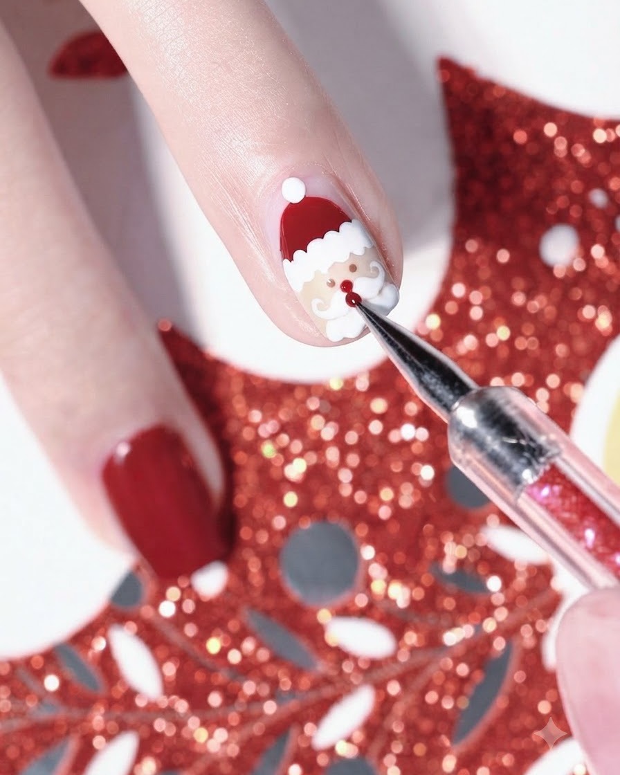 Nahaufnahme eines Werkzeugs, das winzige rote Punkte für die Nase und Gesichtszüge des Weihnachtsmanns auf die Nailart setzt.