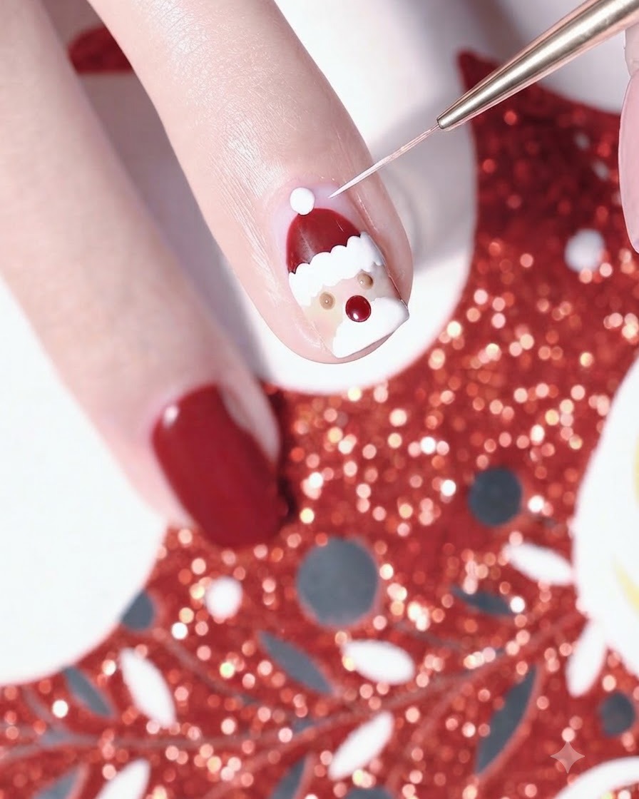 Ein feiner Liner-Pinsel trägt kleine weiße Highlight-Punkte auf ein detailliertes Weihnachtsmann-Nailart-Design auf.