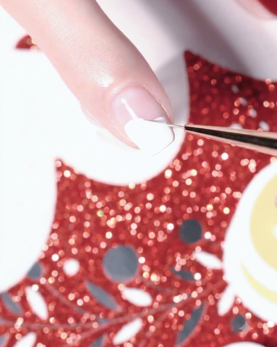 Ein feiner Liner-Pinsel malt rote Gitterlinien über eine weiße Nagelbasis.